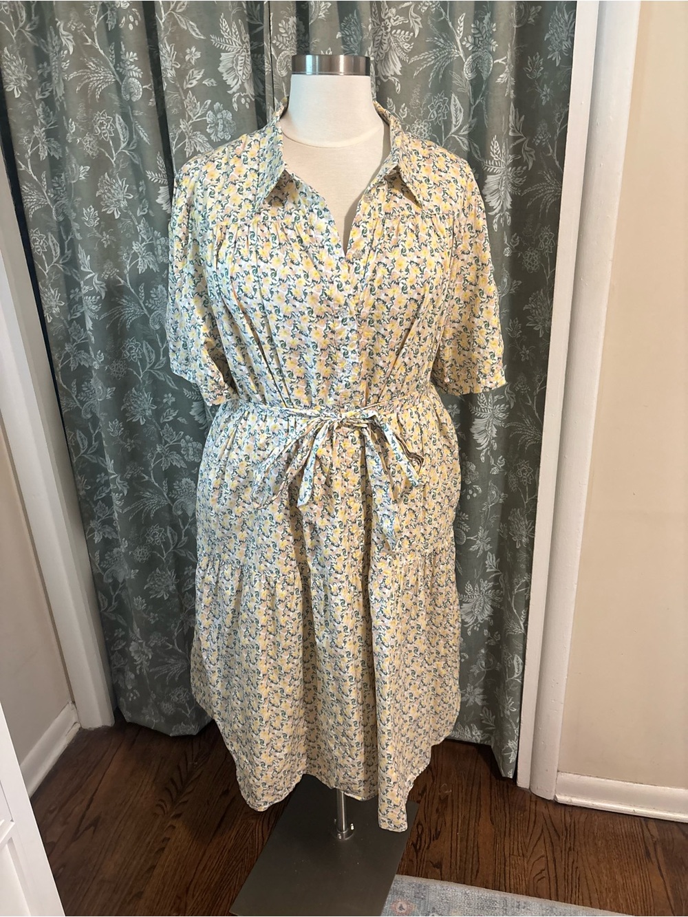 Ivy City Co Yellow Floral Button-Front Tie Waist Midi Dress - Picture 1 of 4
